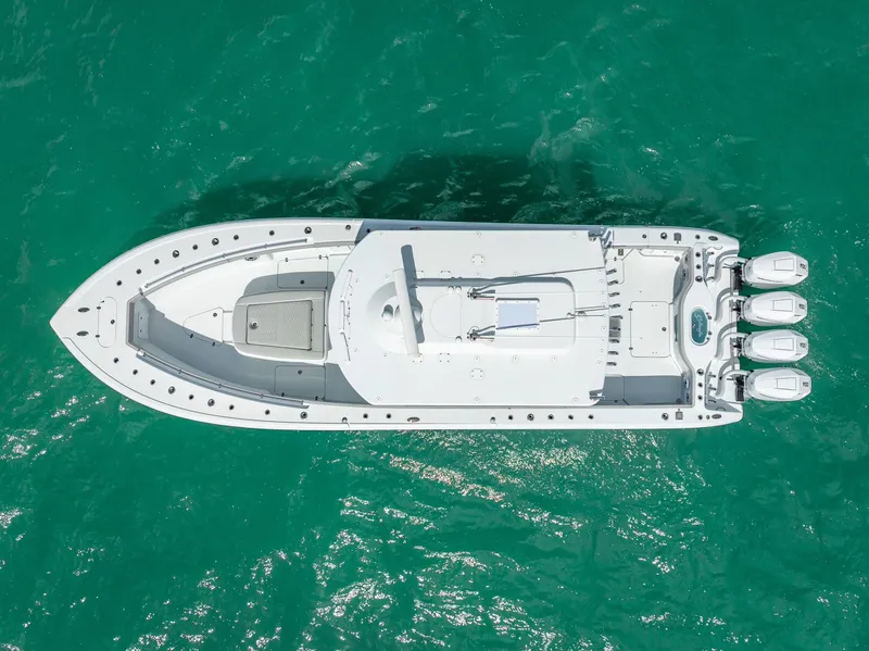 Slide: The Image of Aerial view of 2024 Yellowfin 39 boat on turquoise water. - 9