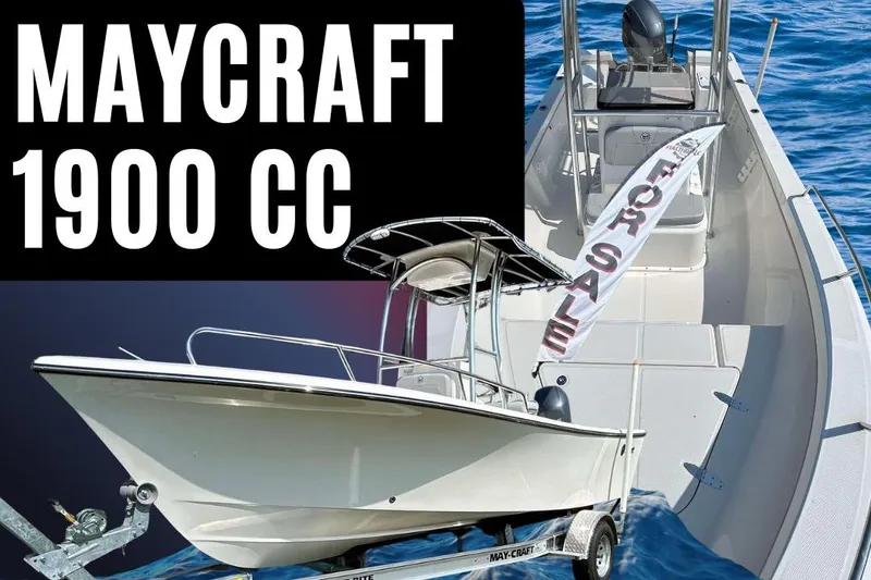 Slide: The Image of 2024 May-Craft 1900CC boat for sale, displayed on trailer in ocean setting. - 29