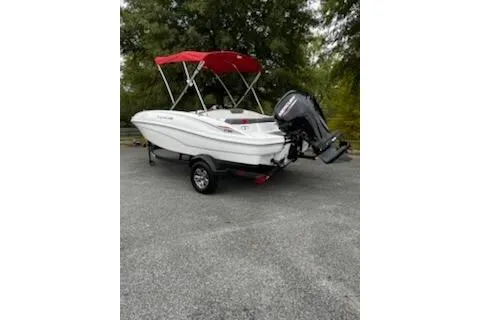 Slide: The Image of 2025 Tahoe T16 boat with red canopy and outboard motor on trailer. - 5