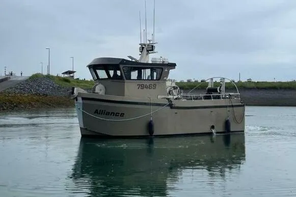 The Image of Custom Freestyle Marine 32 boat, 2022 model, named "Alliance" on calm water. - 0