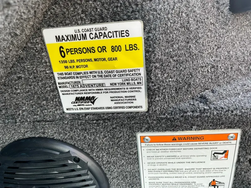 Slide: The Image of 2026 Lund 1675 Adventure Sport capacity label, U.S. Coast Guard certified, 6 persons or 800 lbs. - 26