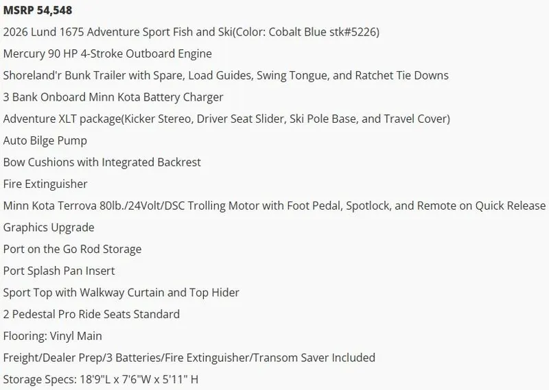Slide: The Image of 2026 Lund 1675 Adventure Sport features and specifications list with pricing and equipment details. - 4