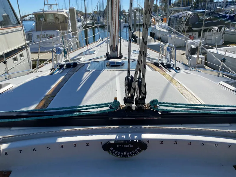 Slide: The Image of Jeanneau Sun Odyssey 54 DS sailboat deck, 2008 model, docked at marina. - 45