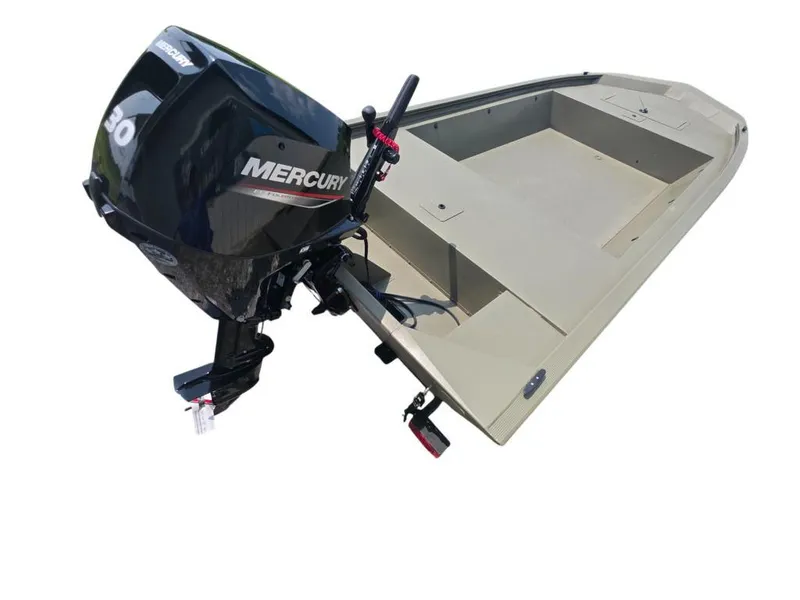 Slide: The Image of 2025 Tracker Grizzly 1648 Utility boat with Mercury outboard motor, side view. - 2