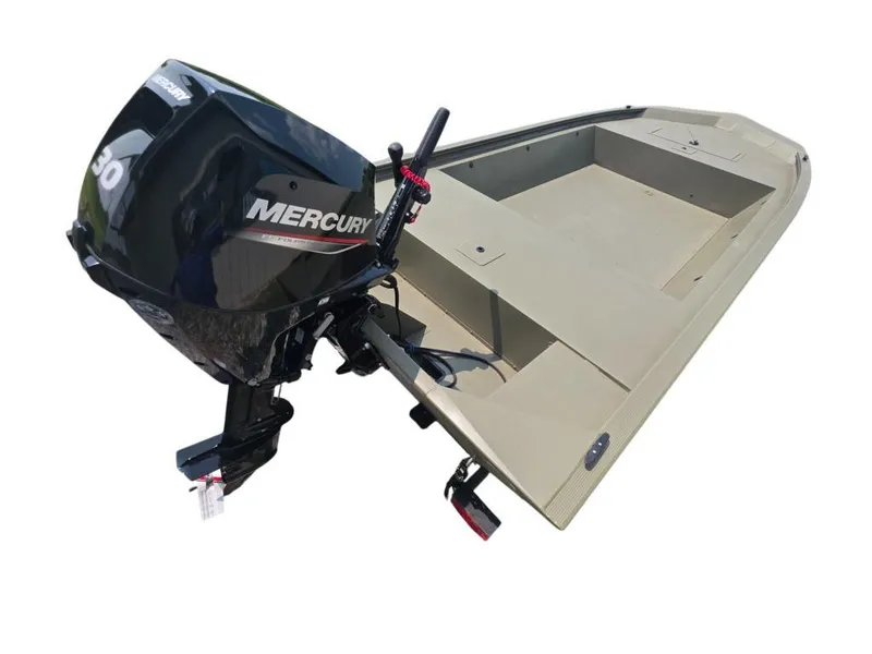 Slide: The Image of 2025 Tracker Grizzly 1648 Utility boat with Mercury outboard motor, beige color. - 6