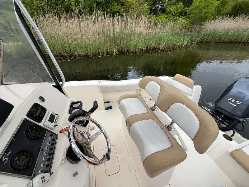 Slide: The Image of 2014 Scout 195 Sportfish boat interior with seating and controls near a serene waterway. - 10