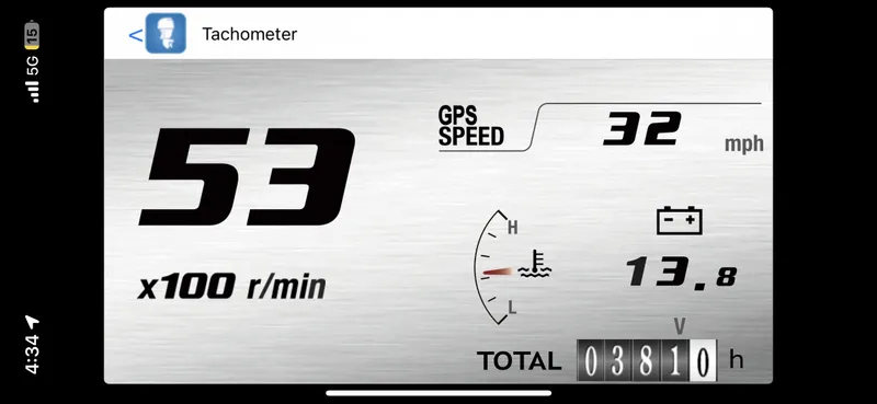 Slide: The Image of Tachometer display showing 5300 RPM, 32 mph GPS speed, and 381 hours on a 2014 Scout 195 Sportfish. - 25