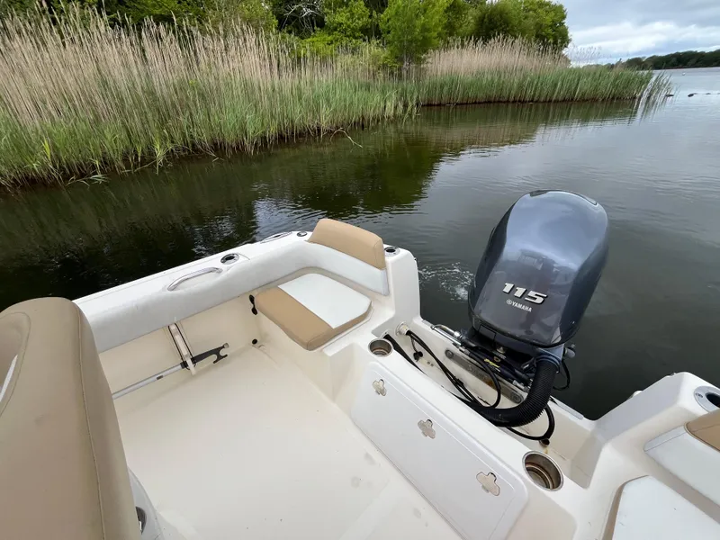 Slide: The Image of 2014 Scout 195 Sportfish boat with Yamaha 115 engine, near reeds and calm water. - 9