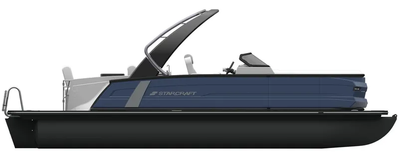Slide: The Image of 2026 Starcraft RX 23 R DC boat on trailer, sleek black design, parked outside a blue building. - 22