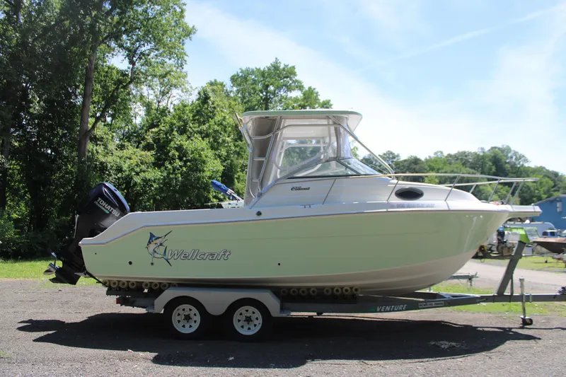 The Image of 2001 Wellcraft 230 Coastal boat on trailer, parked outdoors with trees in background. - 0
