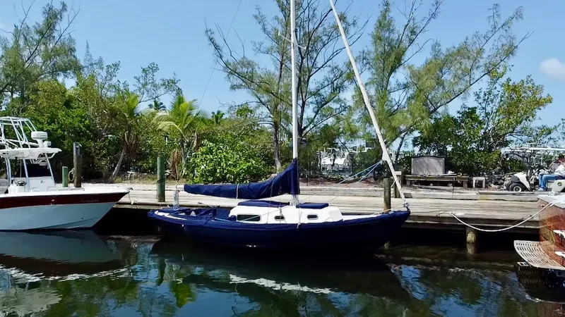 Slide: The Image of Vintage 1968 Sailboat 24 docked by lush greenery and calm waters. - 13