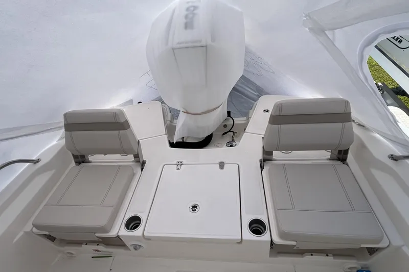 Slide: The Image of 2026 Boston Whaler 250 Dauntless boat interior with cushioned seating and storage compartments. - 15