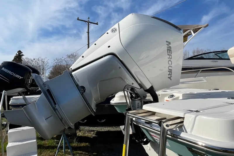Slide: The Image of 2026 Boston Whaler 250 Dauntless with Mercury outboard engine, showcased outdoors. - 25