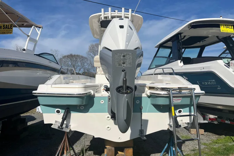 Slide: The Image of 2026 Boston Whaler 250 Dauntless boat displayed for sale, rear view with outboard motor. - 26