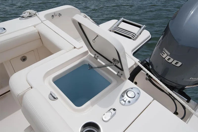 Slide: The Image of 2025 Grady-White 235 Freedom boat with open storage compartment and Yamaha 300 engine. - 15