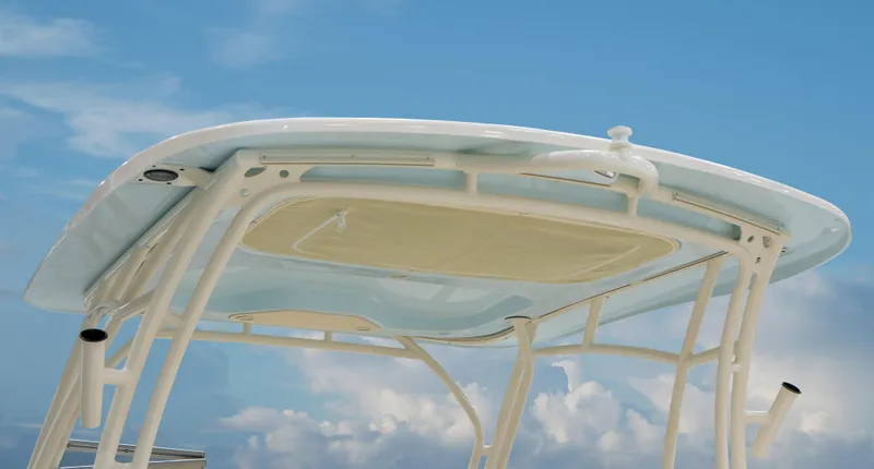 Slide: The Image of T-top of 2025 Grady-White 235 Freedom boat against a blue sky. - 9