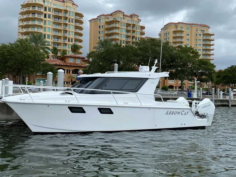 The Image of 2025 ArrowCat 320 boat docked near waterfront buildings under cloudy skies. - 0