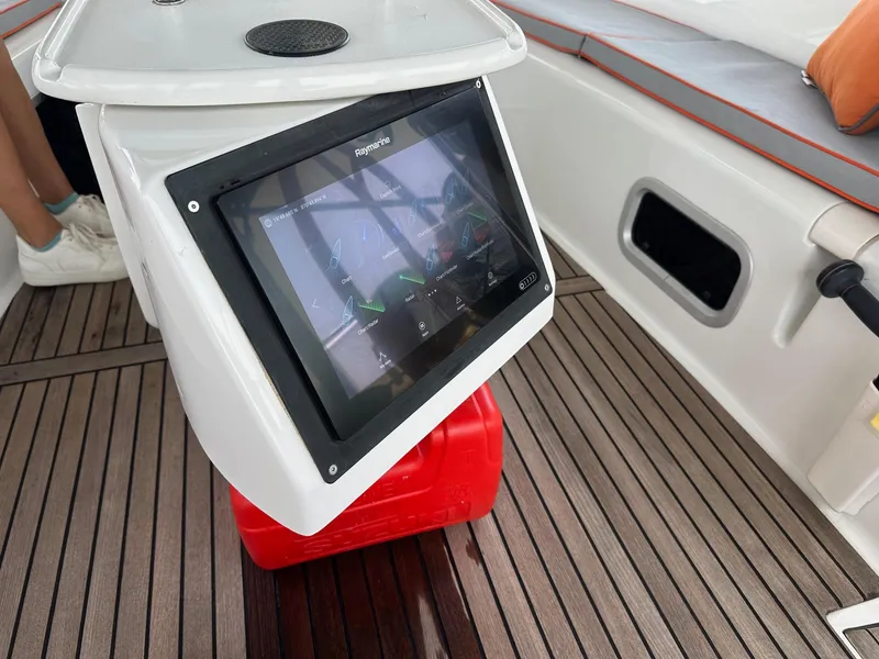 Slide: The Image of Raymarine navigation display on 2014 Beneteau Oceanis 50 yacht with teak deck. - 18