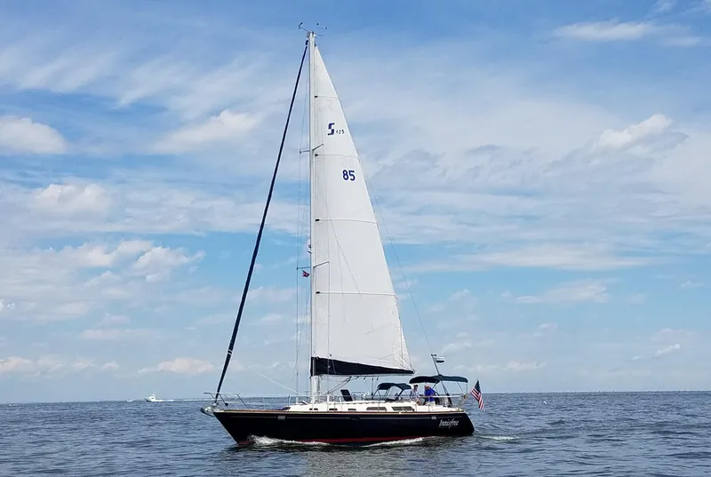 Slide: The Image of Sailing yacht Sabre 425 from 1994 on open water under a blue sky. - 1