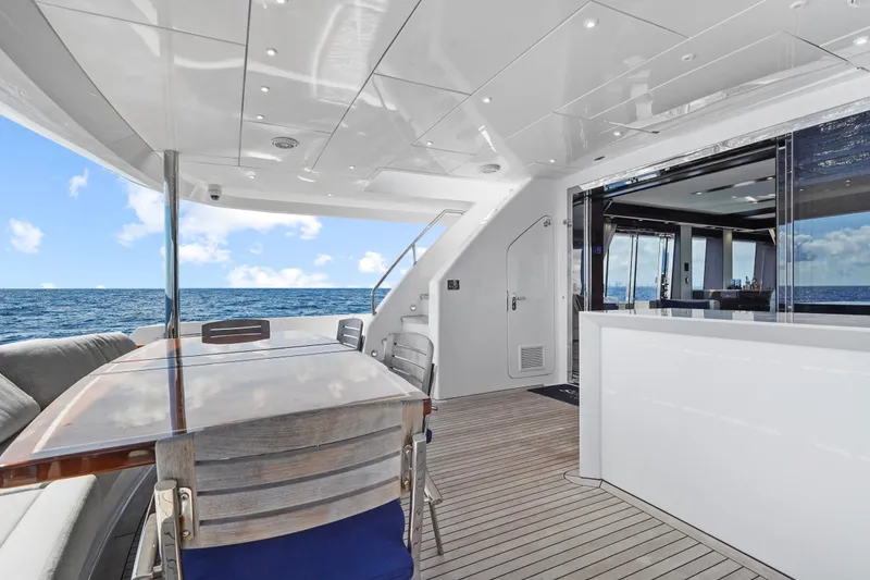 Slide: The Image of Luxurious 2019 Hatteras M90 Panacera yacht deck with ocean view and elegant seating area. - 15