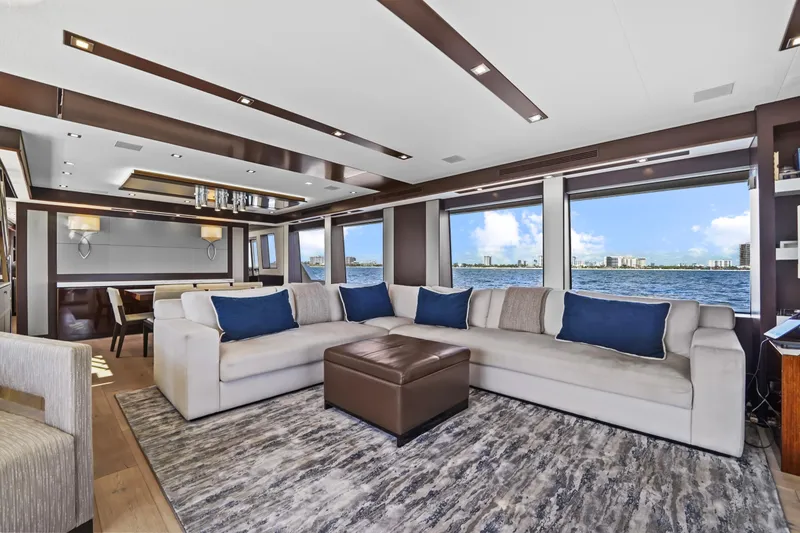 Slide: The Image of Luxurious interior of 2019 Hatteras M90 Panacera yacht with ocean view through large windows. - 20