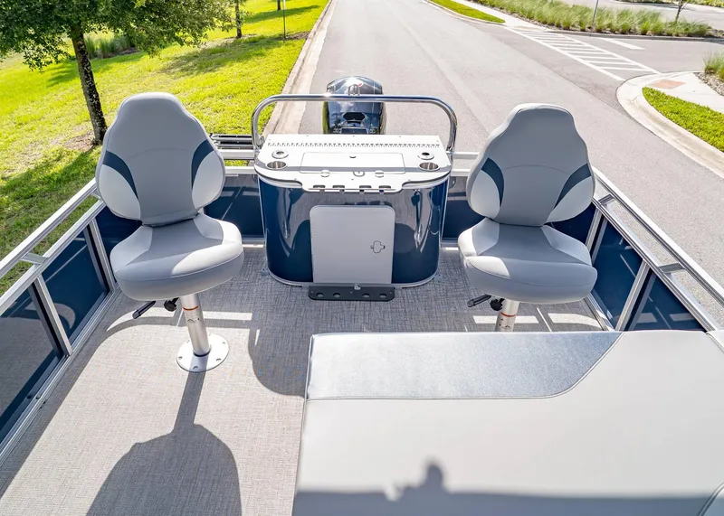 Slide: The Image of 2025 Tahoe SPORTS 85 REAR FISH boat with dual swivel seats and fishing station. - 16