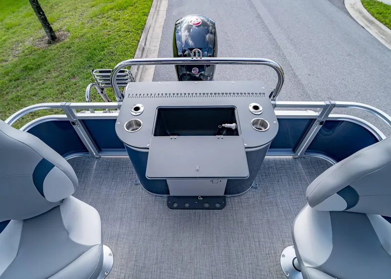 Slide: The Image of 2025 Tahoe SPORTS 85 REAR FISH boat interior with fishing station and seating. - 20