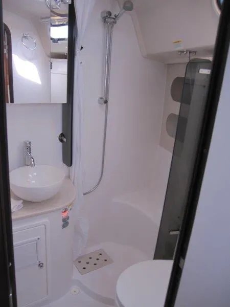 Slide: The Image of 2024 Catalina 385 yacht bathroom with modern fixtures and compact design. - 20