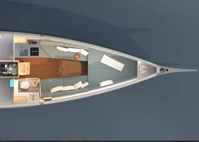 Slide: The Image of Top view of 2023 Saffier 33 Life yacht interior layout, featuring seating and amenities. - 4