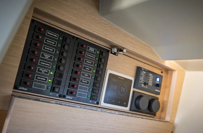 Slide: The Image of Control panel of 2023 Saffier 33 Life yacht with switches and digital display. - 5