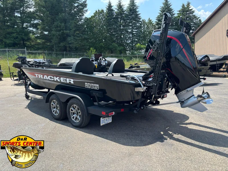 Slide: The Image of 2025 Tracker Savage 215 boat on trailer at D&R Sports Center. - 2