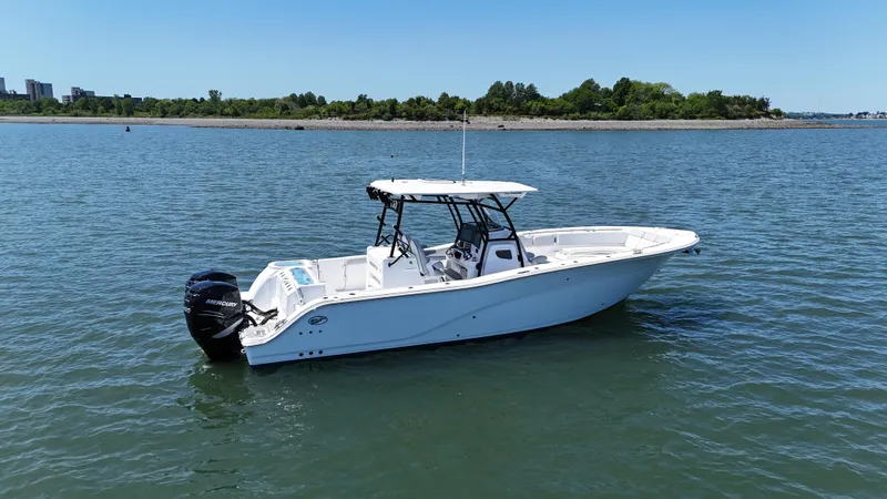 Slide: The Image of 2022 Sea Fox 328 Commander boat on calm water, clear sky, distant shoreline. - 8
