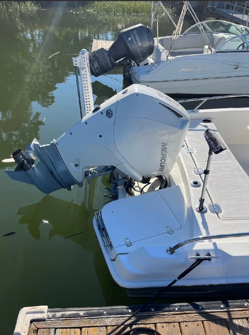 Slide: The Image of 2019 Boston Whaler 210 Dauntless with Mercury outboard engine docked on calm water. - 5