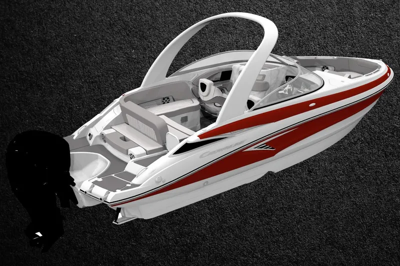 Slide: The Image of 2021 Crownline 255 XSS boat with red and white design on a dark background. - 28