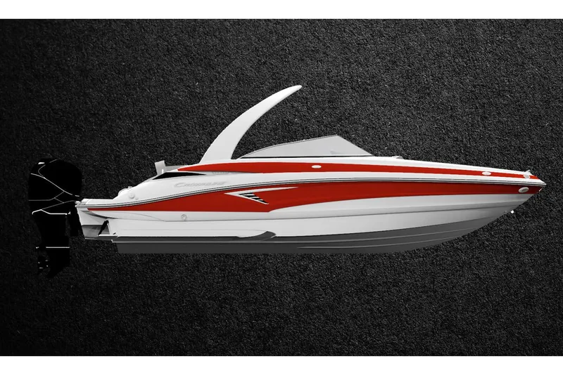 Slide: The Image of 2021 Crownline 255 XSS boat, red and white design, side view on black background. - 29