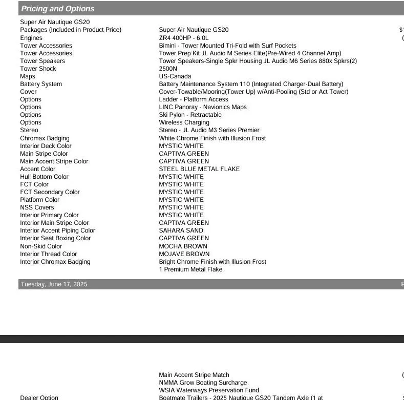 Slide: The Image of Pricing and options list for 2025 Nautique Super Air Nautique GS20 boat. - 9