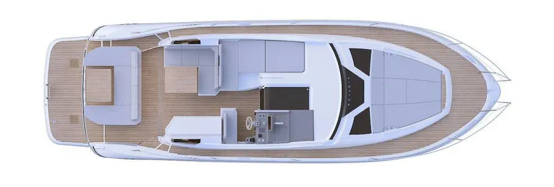 Slide: The Image of Top view of 2023 Bavaria SR41 COUPE yacht layout, featuring spacious deck and seating areas. - 18