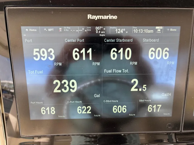 Slide: The Image of Raymarine display on 2017 Boston Whaler 420 Outrage showing RPM, fuel, and engine hours. - 46
