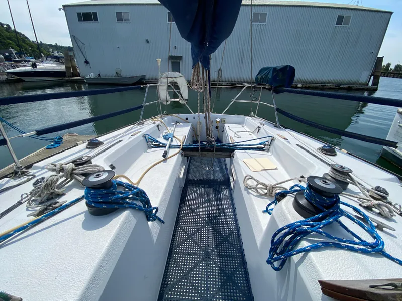 Slide: The Image of Cockpit view of 1979 Santana 35 sailboat docked at marina. - 10
