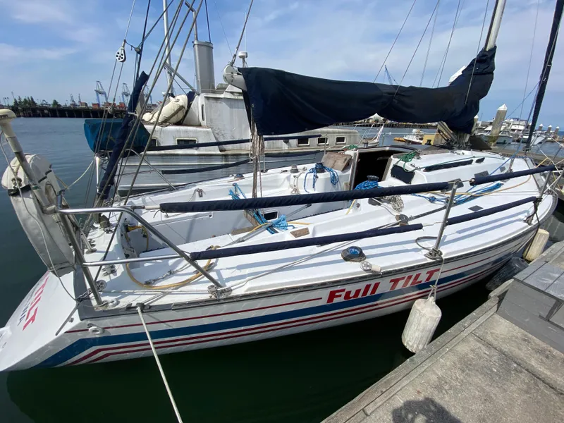 Slide: The Image of 1979 Santana 35 sailboat named "Full Tilt" docked at a marina. - 5
