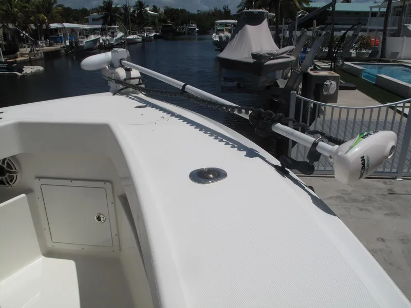 Slide: The Image of 2020 SeaVee 290B boat with trolling motor docked at marina. - 9