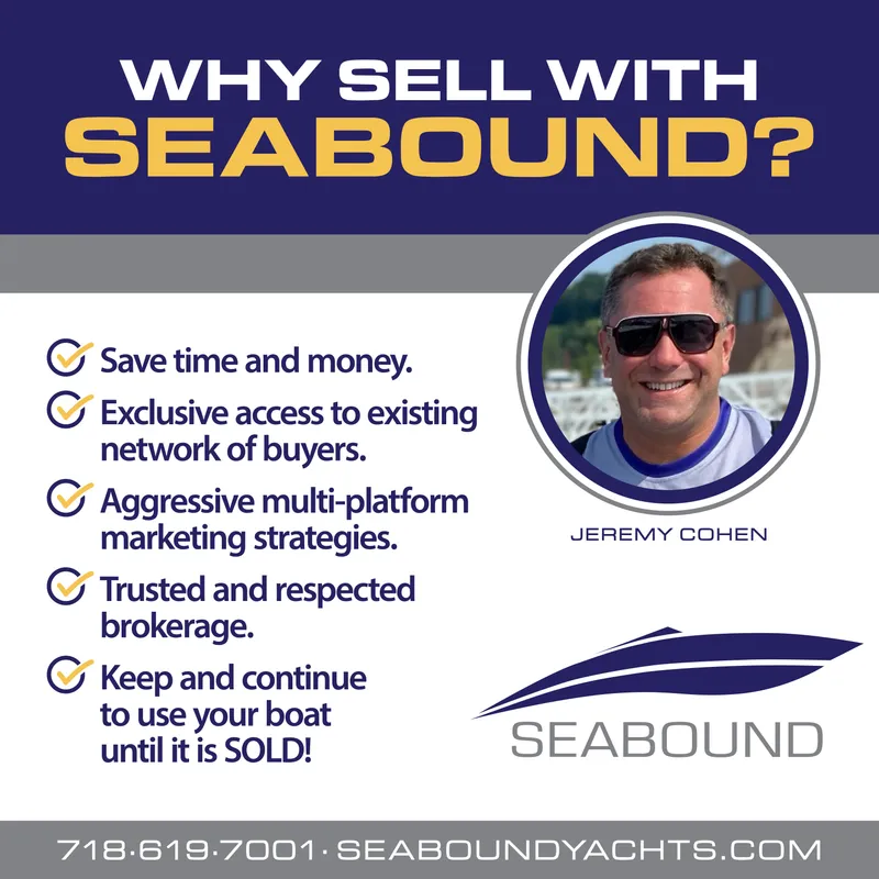 Slide: The Image of Seabound yacht selling benefits: save time, access buyers, marketing strategies, trusted brokerage, use boat until sold. - 23