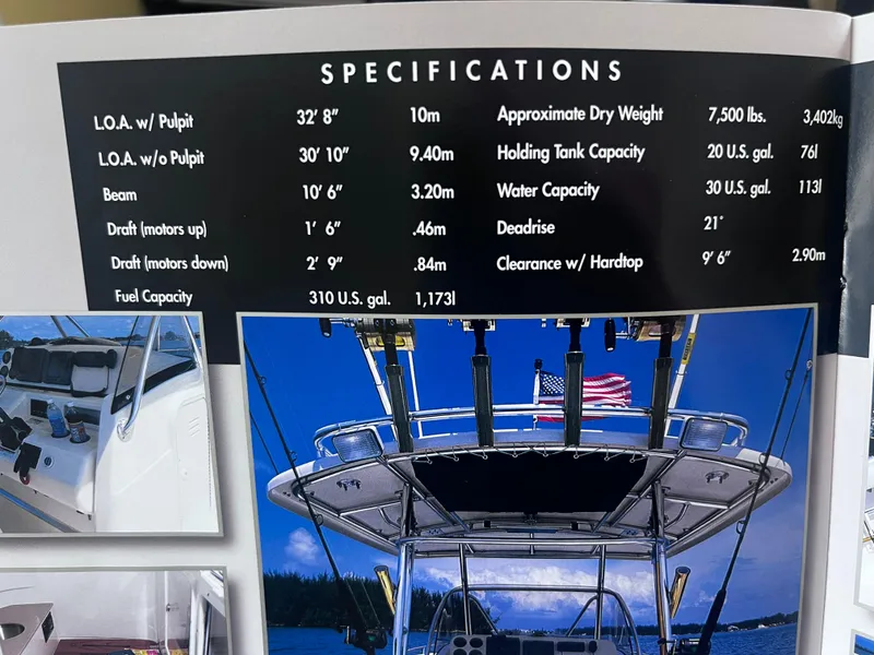 Slide: The Image of 2001 Pursuit 3070 Center Console specifications with images, featuring dimensions and capacities. - 33