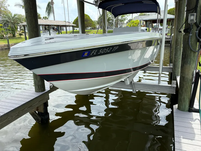 The Image of Boat docked on lift, Action 25 model, 2023, in a scenic waterfront setting. - 0