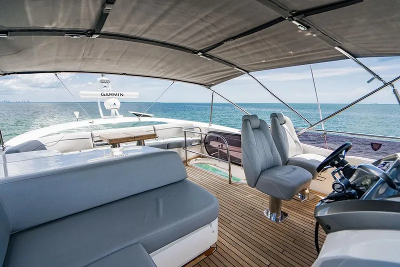 Slide: The Image of Luxurious 2021 Princess S62 yacht interior with seating, ocean view, and Garmin navigation system. - 18