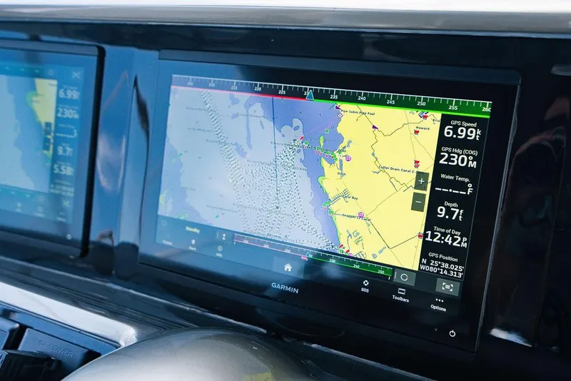 Slide: The Image of Navigation display on 2021 Princess S62 yacht, showing GPS and map details. - 25