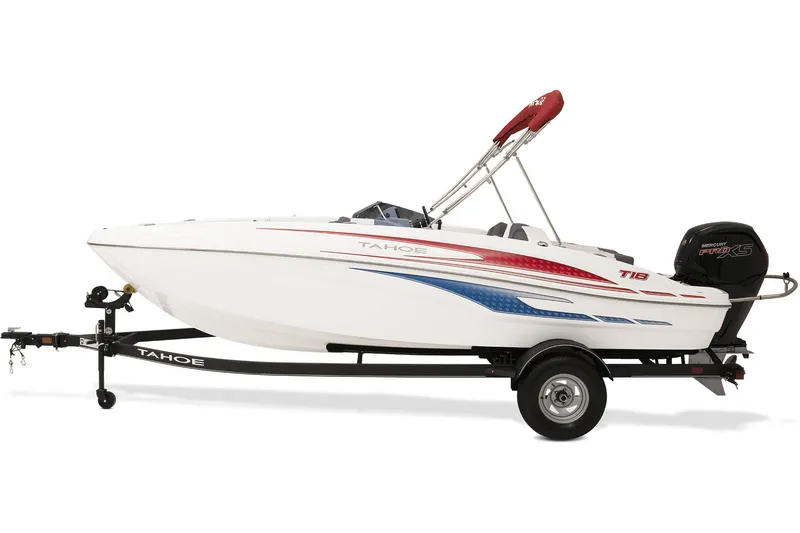 Slide: The Image of 2023 Tahoe T18 boat with trailer, featuring sleek design and vibrant red and blue accents. - 14