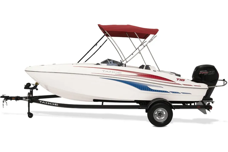 Slide: The Image of 2023 Tahoe T18 boat with red canopy on trailer, side view. - 15