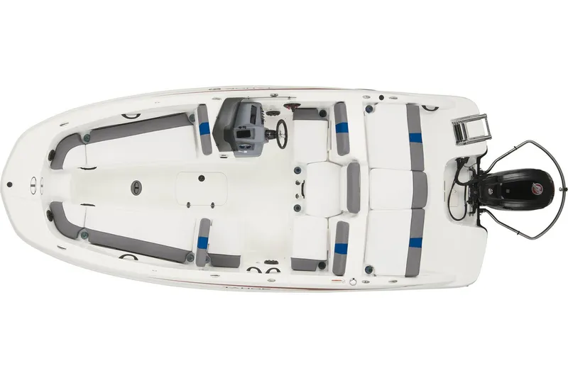 Slide: The Image of 2023 Tahoe T18 boat, top view, showcasing seating and steering layout. - 16