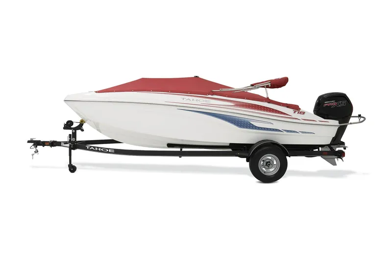 Slide: The Image of 2023 Tahoe T18 boat on trailer with red cover and outboard motor. - 20